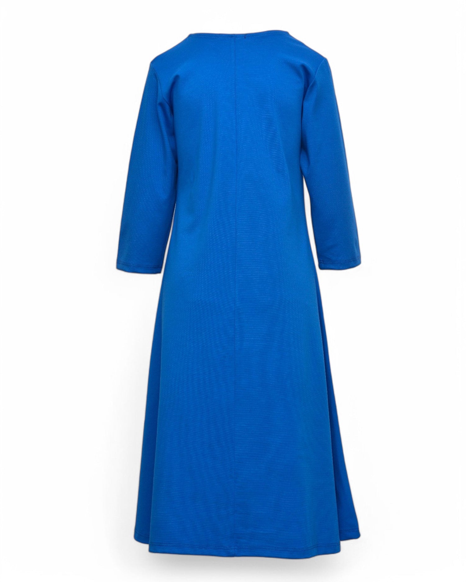 Rochie A-shape albastru vibrant cu imprimeu floare, mâneci trei sferturi și decolteu rotund.