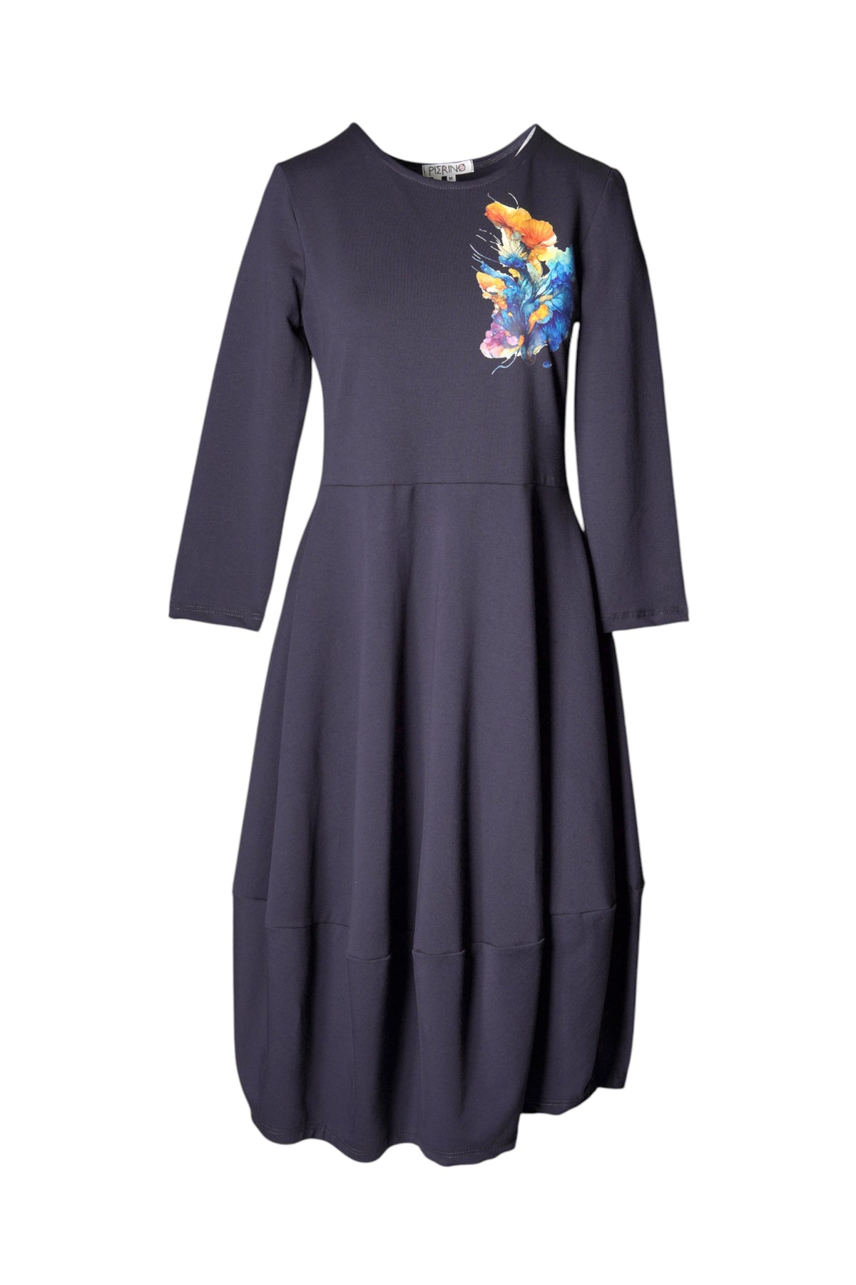 Rochie bleumarin Pierino cu mâneci lungi și imprimeu floral colorat în zona bustului, croială în A.