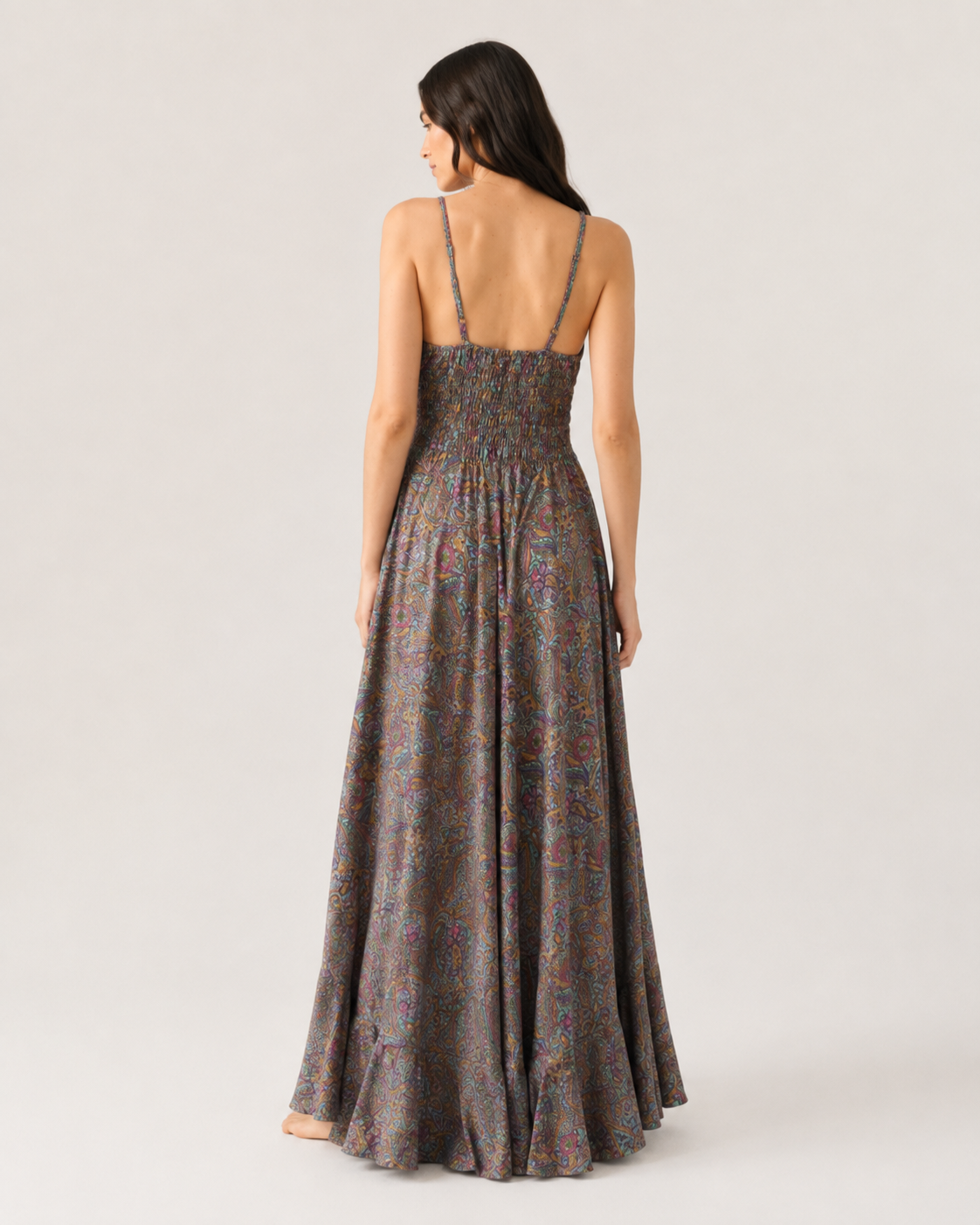 Rochie boho lungă din mătase cu imprimeu floral, detaliu