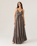 Rochie boho lungă din mătase cu imprimeu floral, detaliu imprimeu