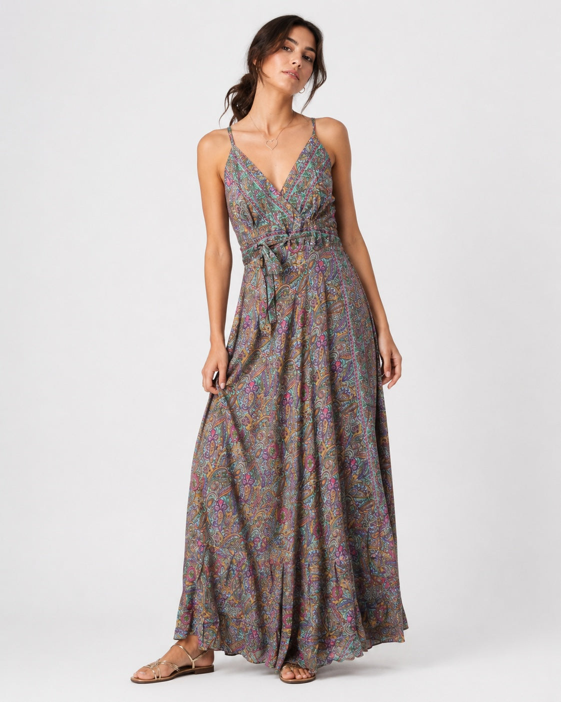 Rochie boho lungă din mătase cu imprimeu floral, vedere din față