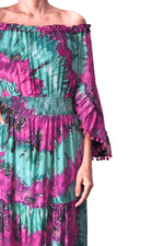  Rochie lungă boho cu talie elastică și imprimeu vibrant tie-dye