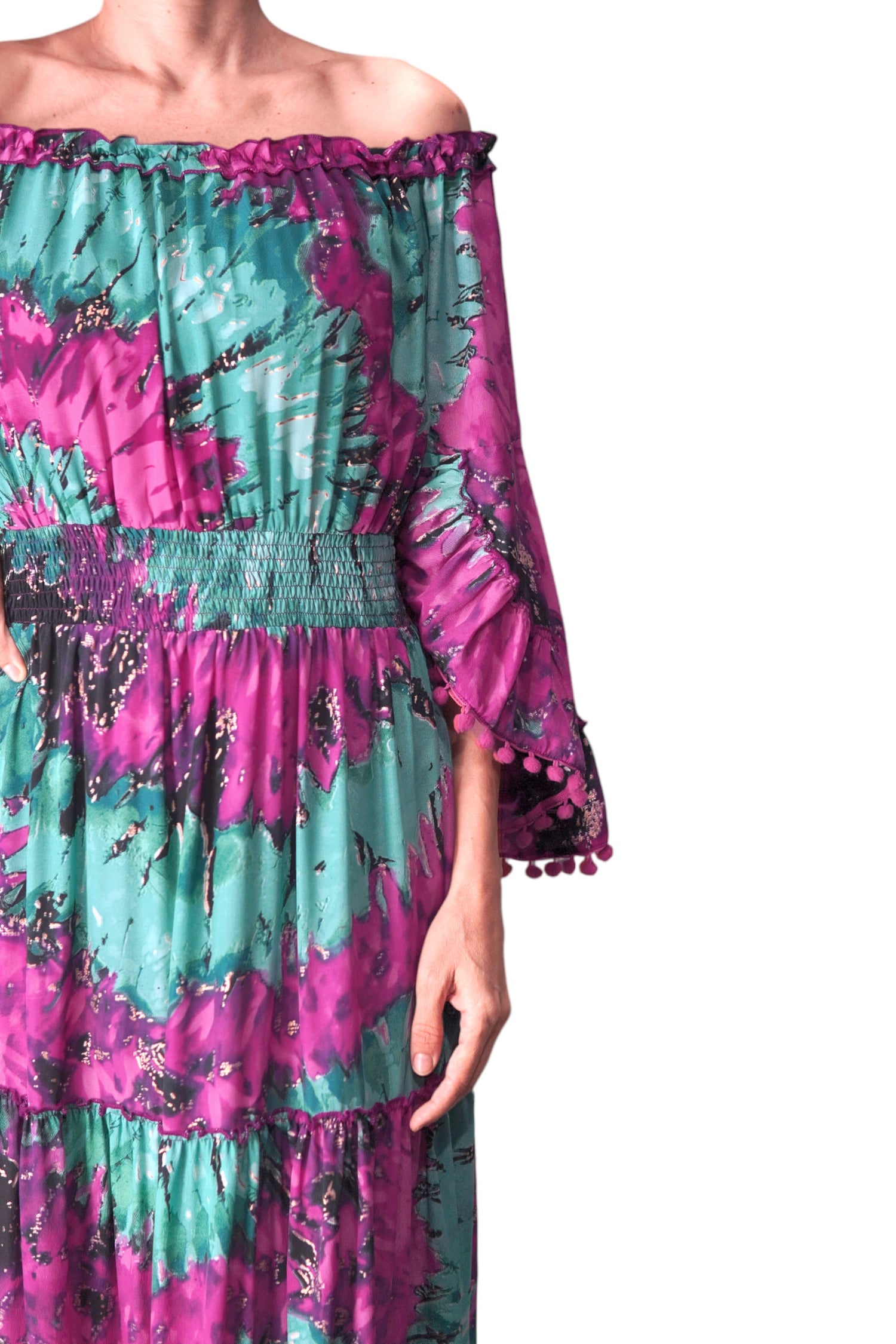  Rochie lungă boho cu talie elastică și imprimeu vibrant tie-dye