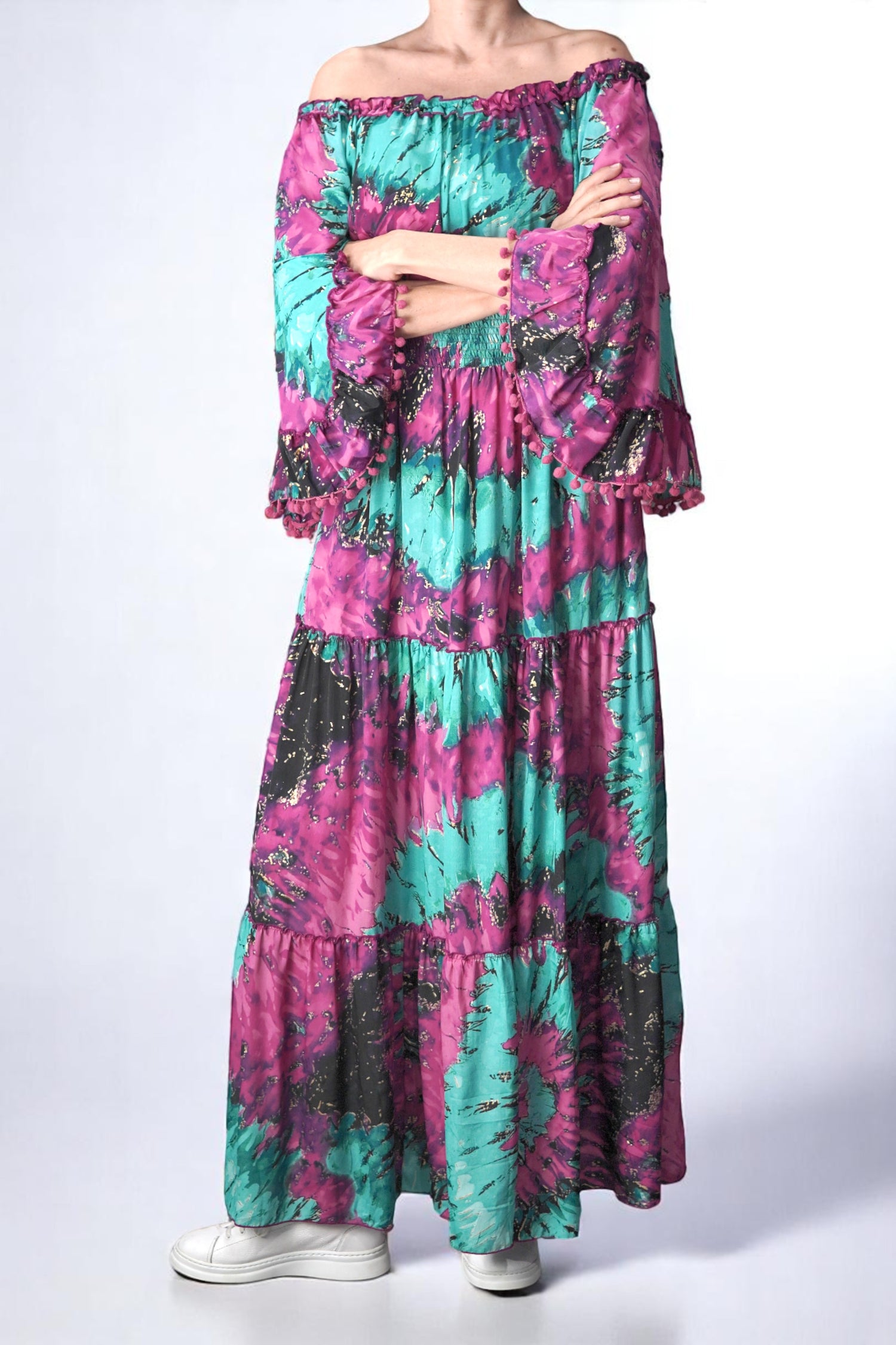 Rochie lungă boho cu talie elastică și imprimeu vibrant tie-dye