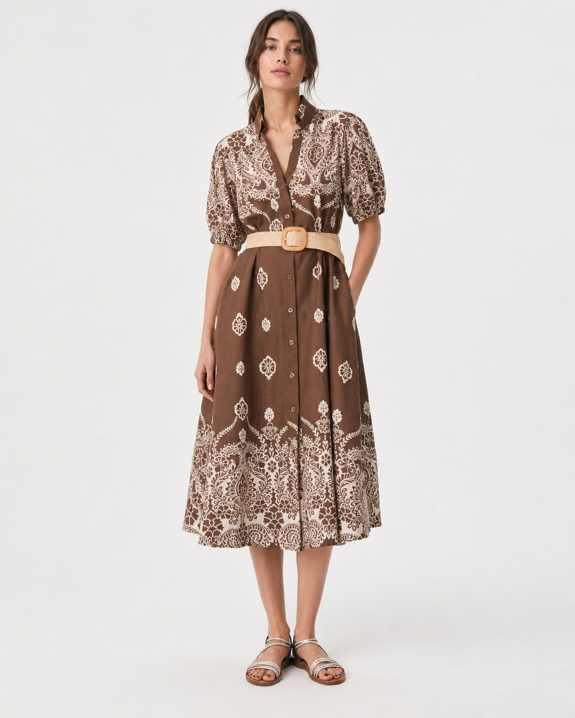 Rochie din bumbac cu print floral baroc, tip tunică cu mâneci bufante, nuanța maro, vedere din față