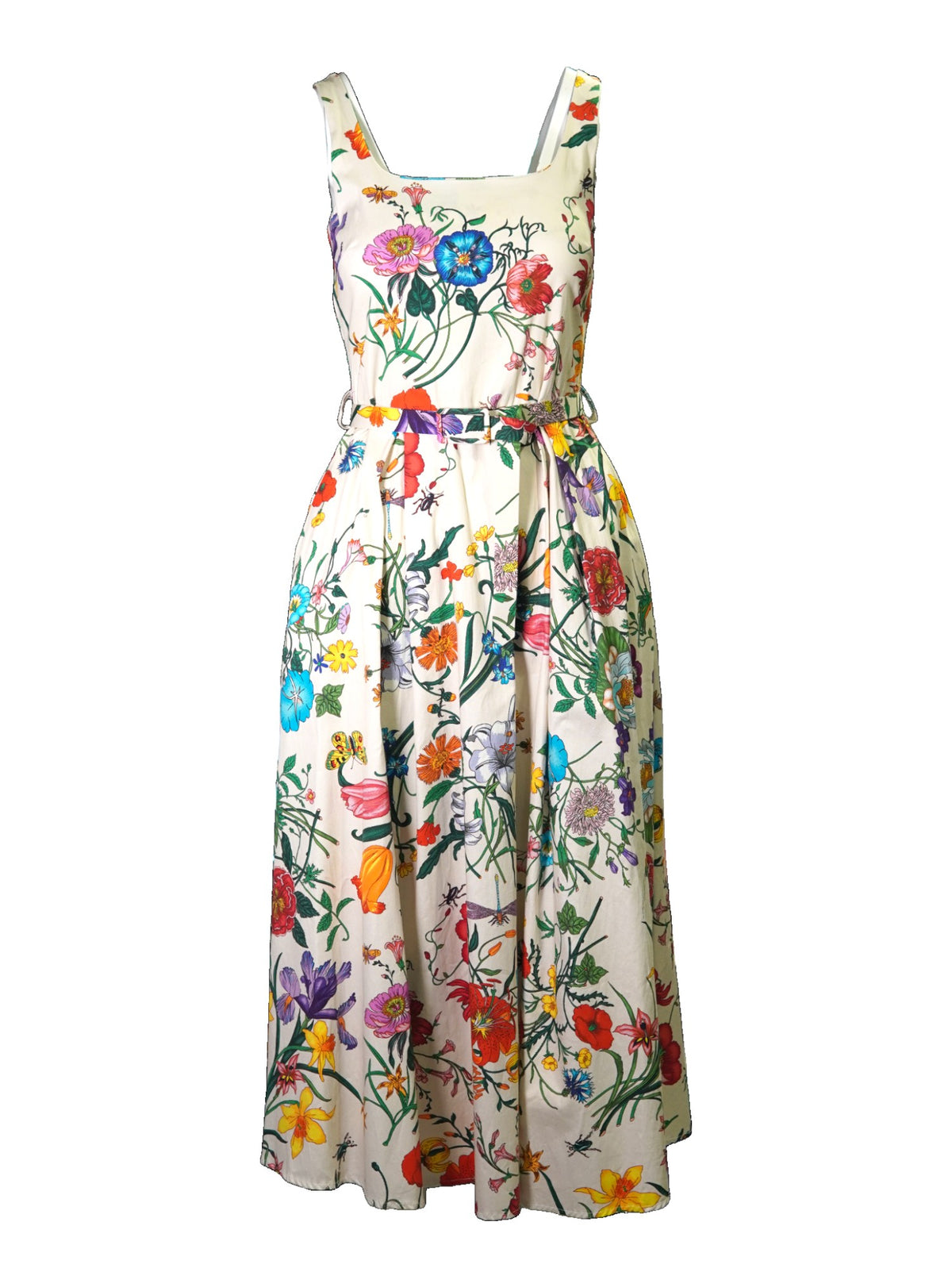 Rochie din bumbac, cu bretele late și imprimeu floral pe fundal crem, vedere frontală