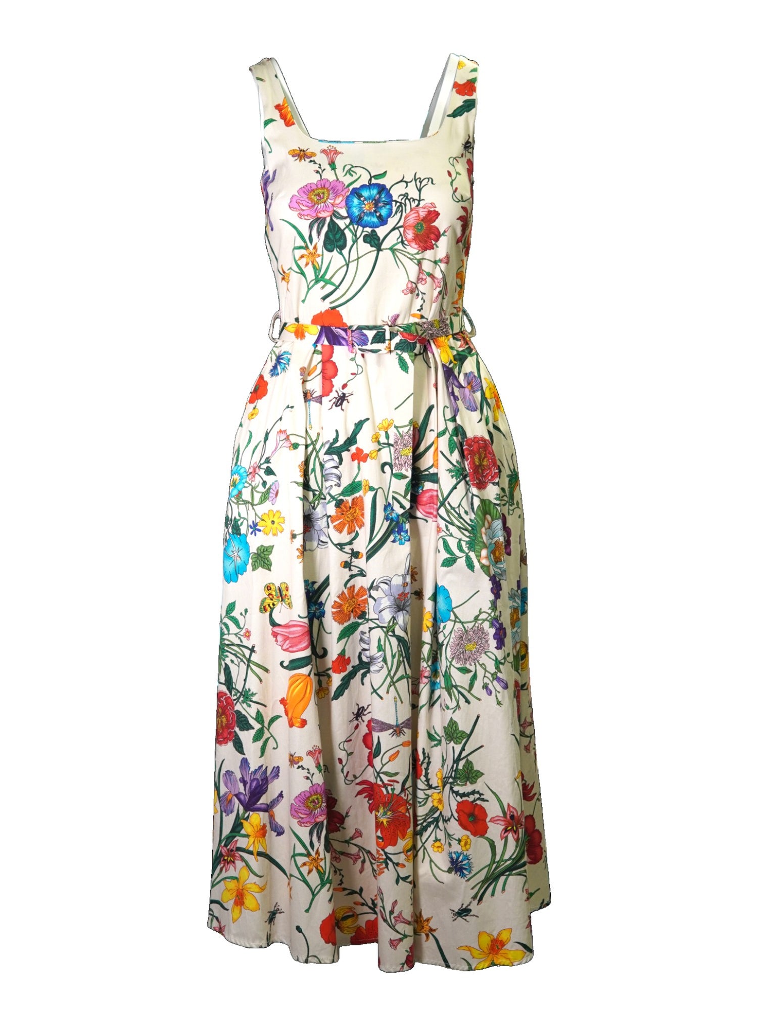 Rochie din bumbac, cu bretele late și imprimeu floral pe fundal crem, vedere frontală