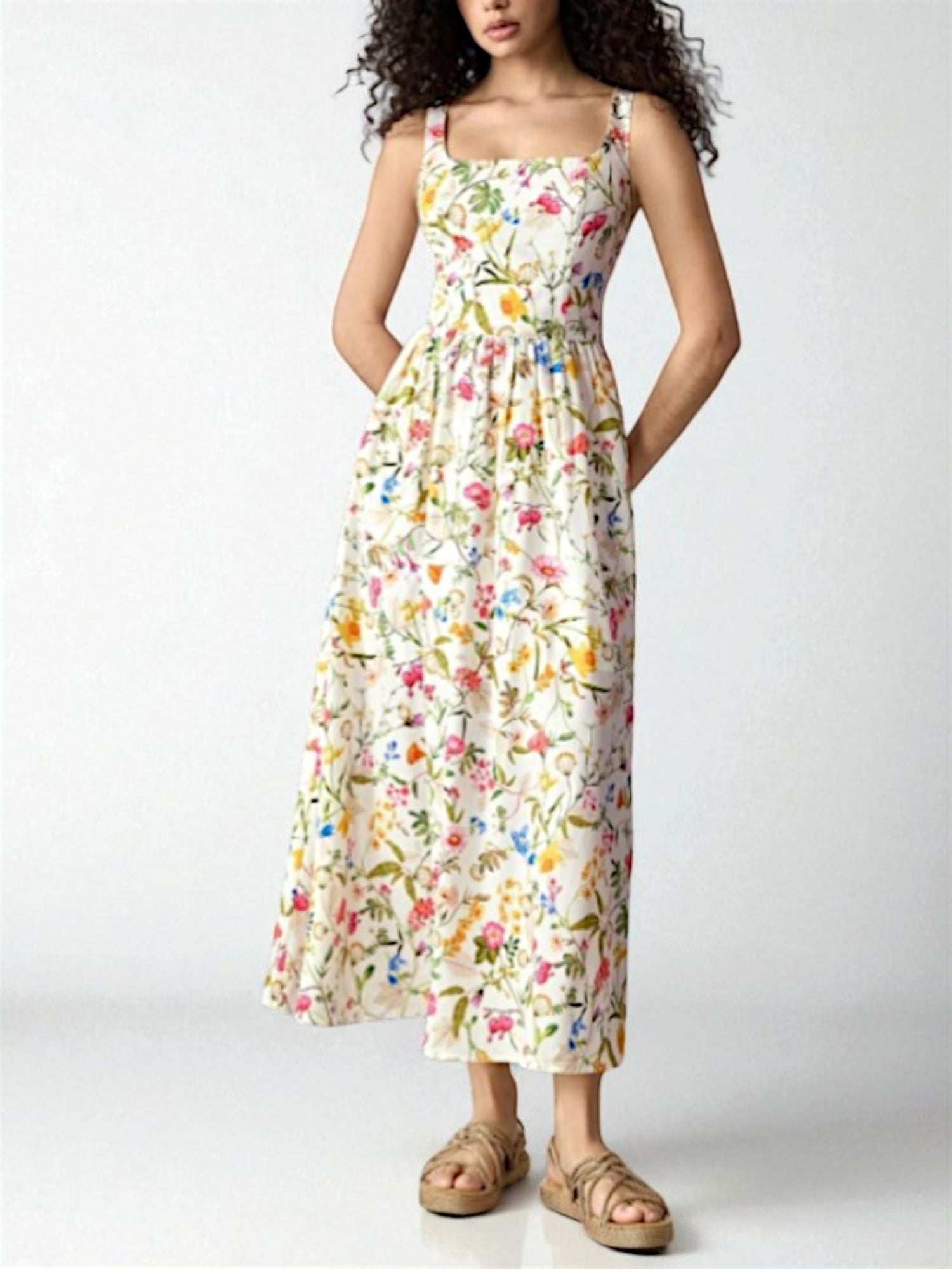 Rochie midi din bumbac, fără mâneci, cu imprimeu floral viu colorat, purtată de model