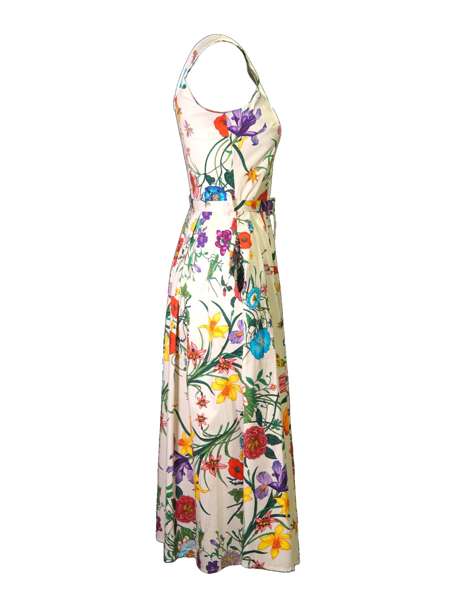 Rochie în profil cu imprimeu floral multicolor, croială lejeră și bretele late