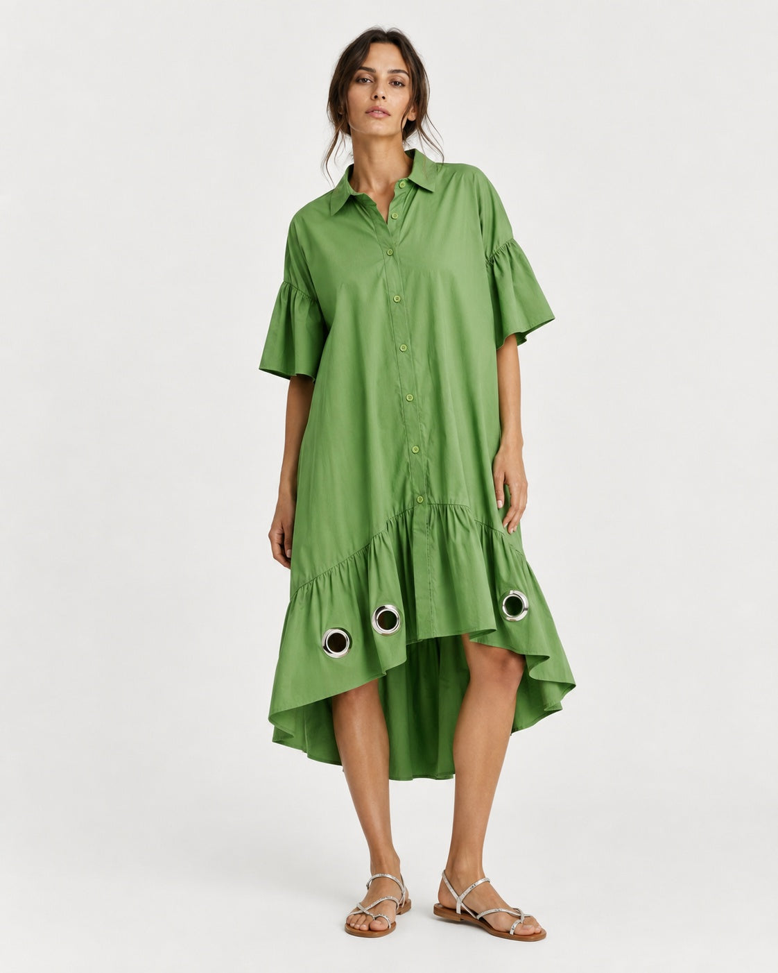 Rochie cămașă Fly cu volane și cercuri metalice la poale, nuanța verde, vedere din față