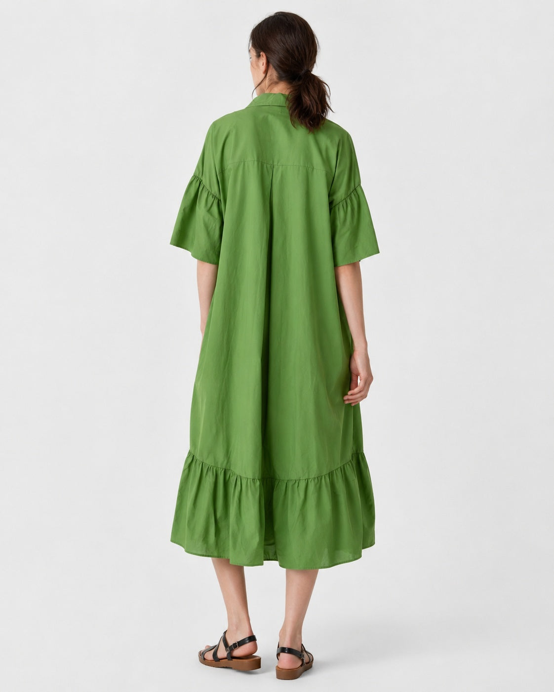 Rochie cămașă Fly cu volane și cercuri metalice la poale, nuanța verde, vedere din spate
