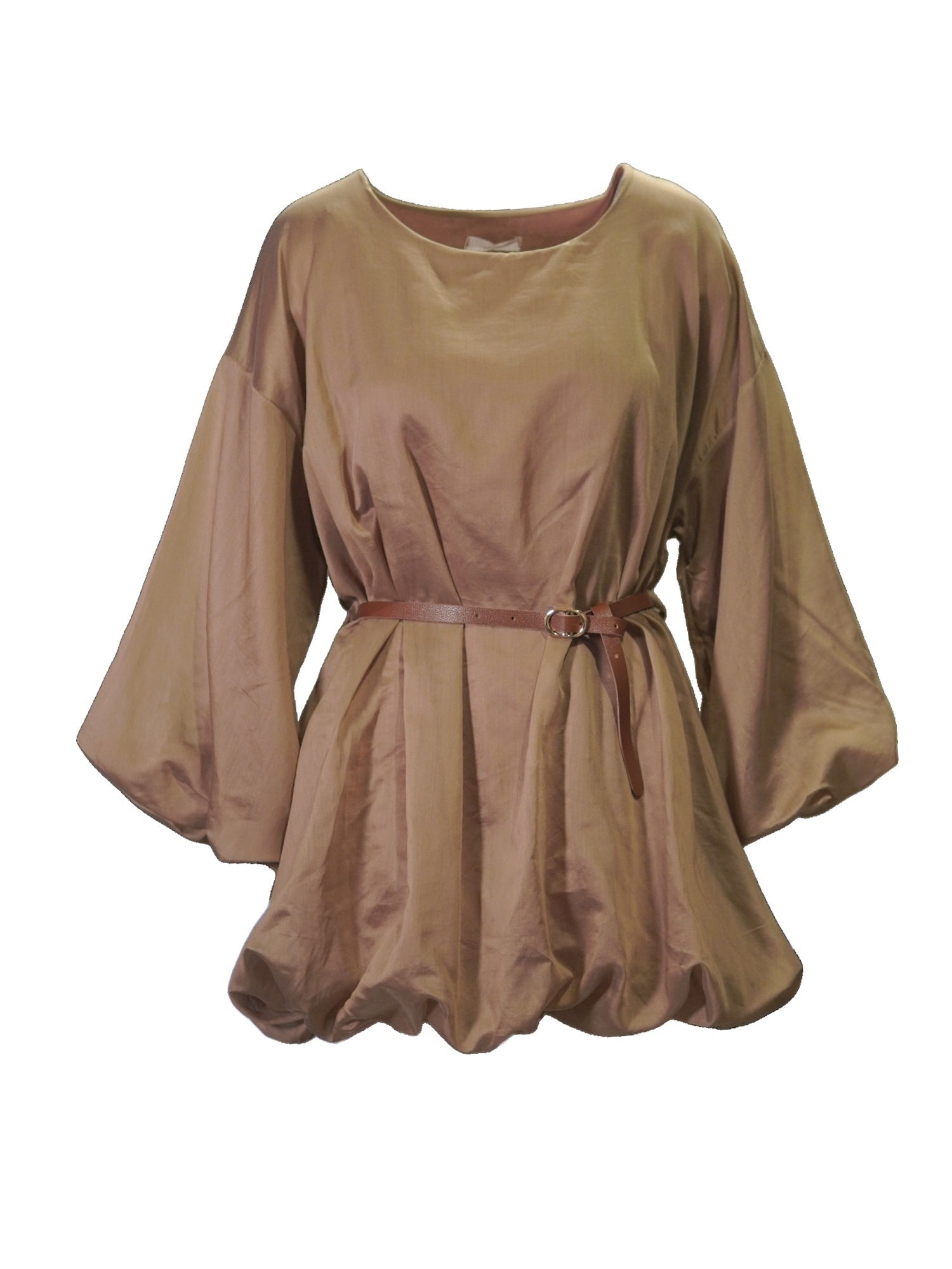 Rochie mini roz nisipiu, din material satinat, cu mâneci căzute și talie marcată