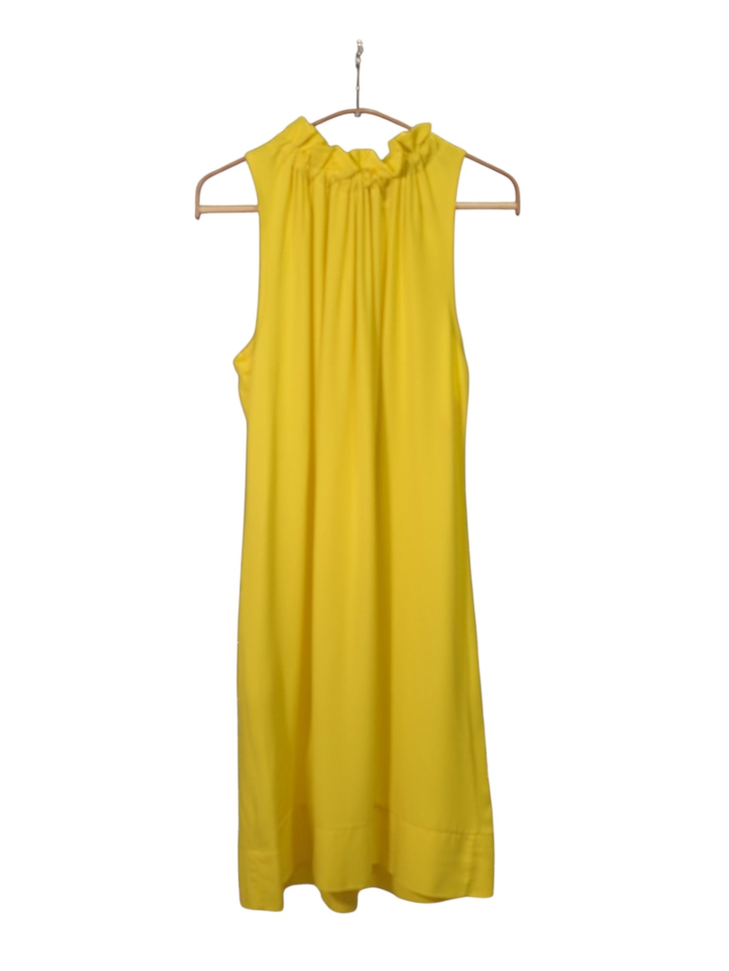 Rochie galbenă scurtă, fără mâneci, cu guler halter și finisaj larg la tiv
