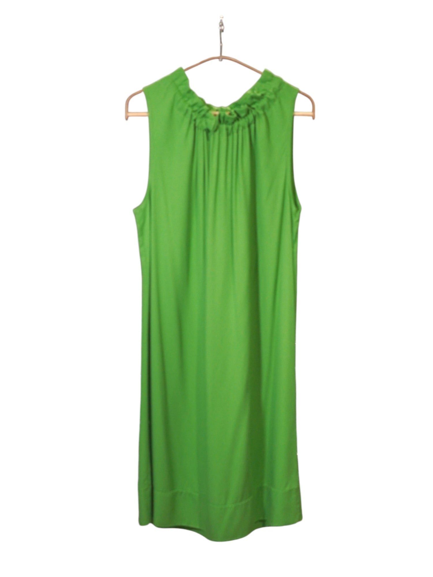 Rochie verde deschis fără mâneci, cu croială lejeră și guler halter drapat