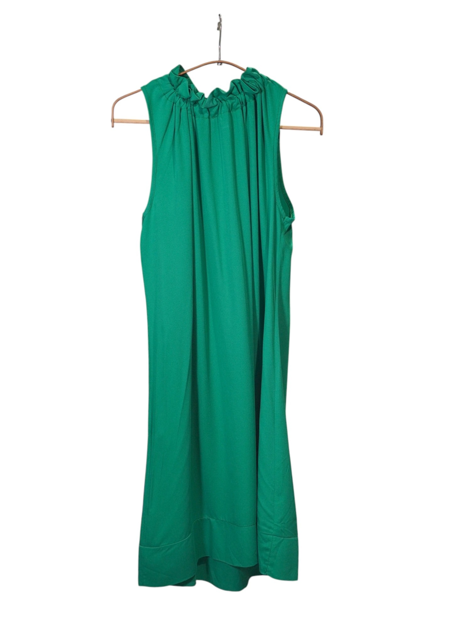 Rochie verde închis fără mâneci, cu croială dreaptă și guler tip halter drapat