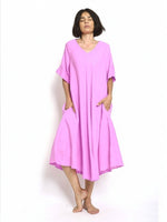 All Above Boutique lilac purple 100% linen V-neck flared midi dress with short sleeves and side pockets.