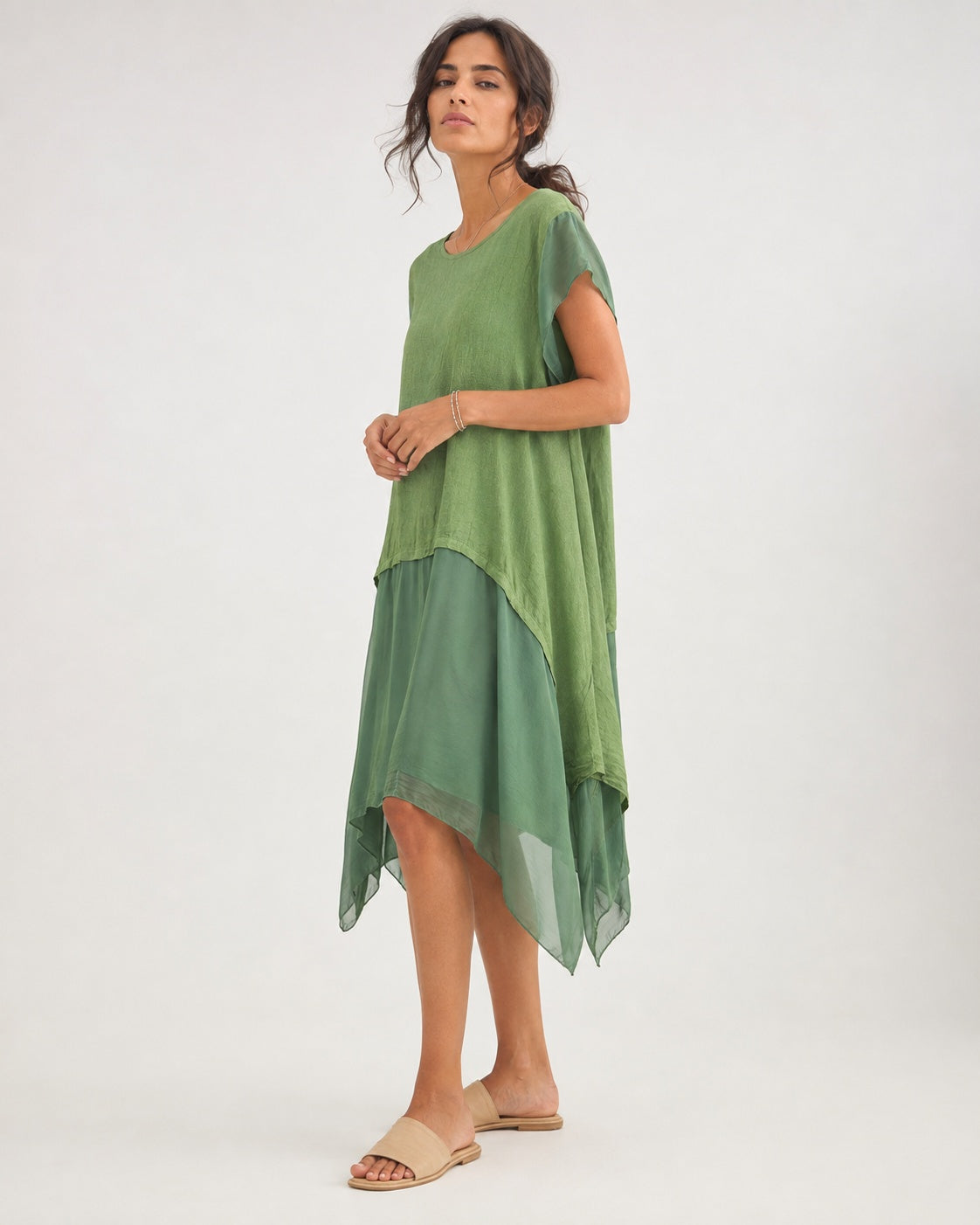 Rochie lungă din in cu mătase, verde, detaliu
