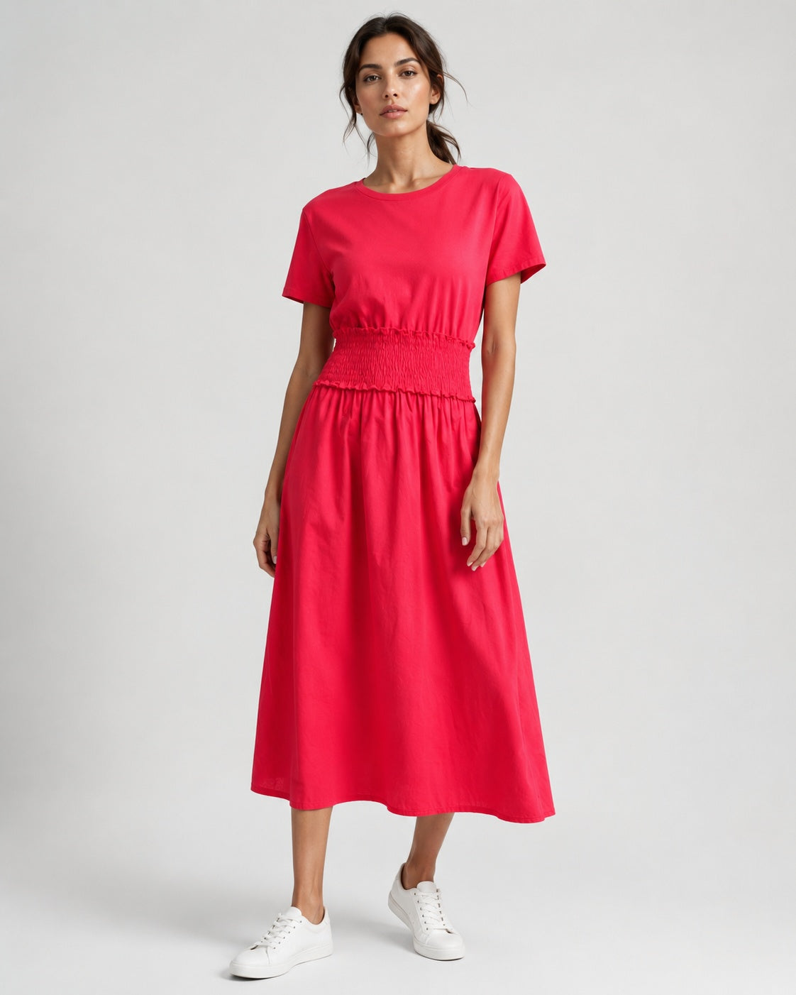 Rochie midi cu bandă elastică în talie, nuanța roșu, vedere din față