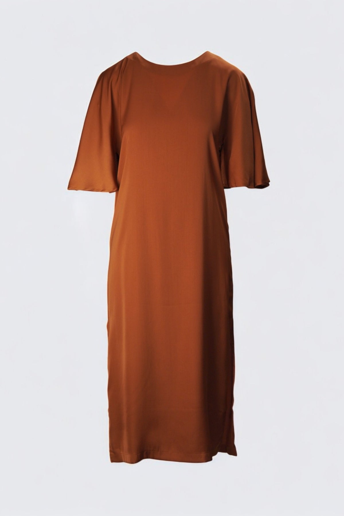 Rochie midi cărămizie cu mâneci fluture și croială dreaptă, perfectă pentru un look elegant și rafinat.