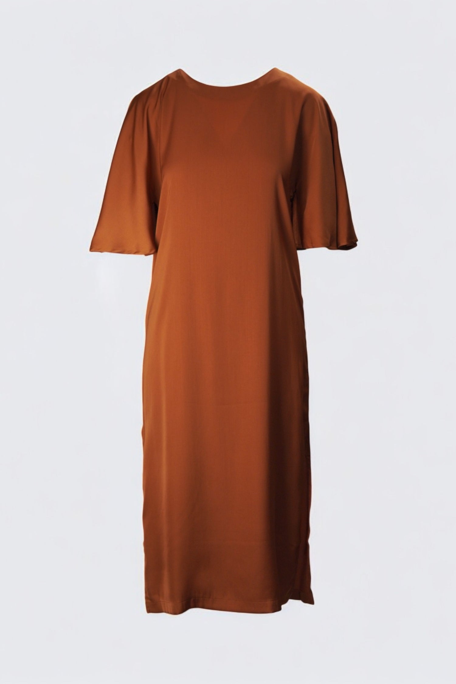 Rochie midi cărămizie cu mâneci fluture și croială dreaptă, perfectă pentru un look elegant și rafinat.