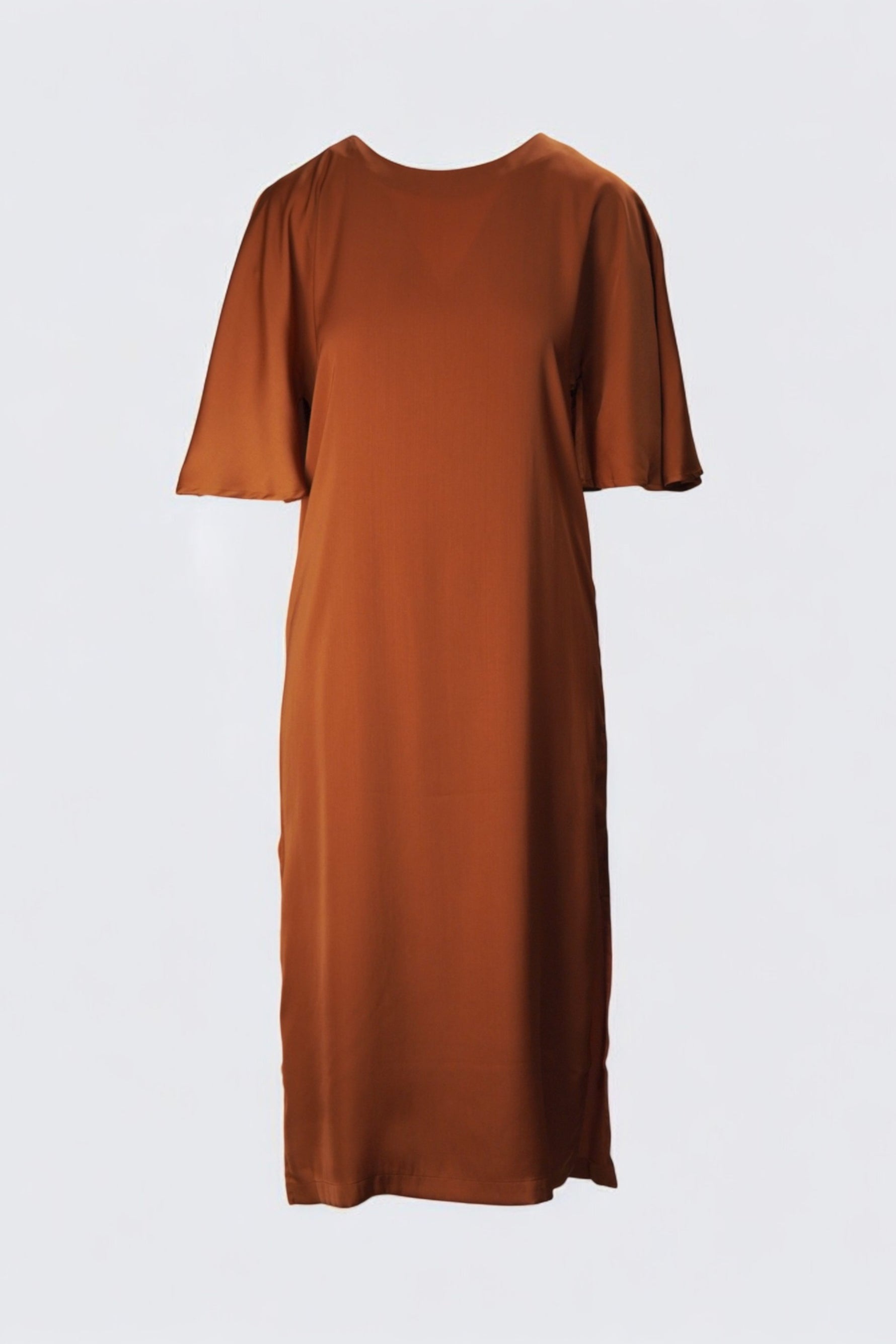 Rochie midi cărămizie cu mâneci fluture și croială dreaptă, perfectă pentru un look elegant și rafinat.
