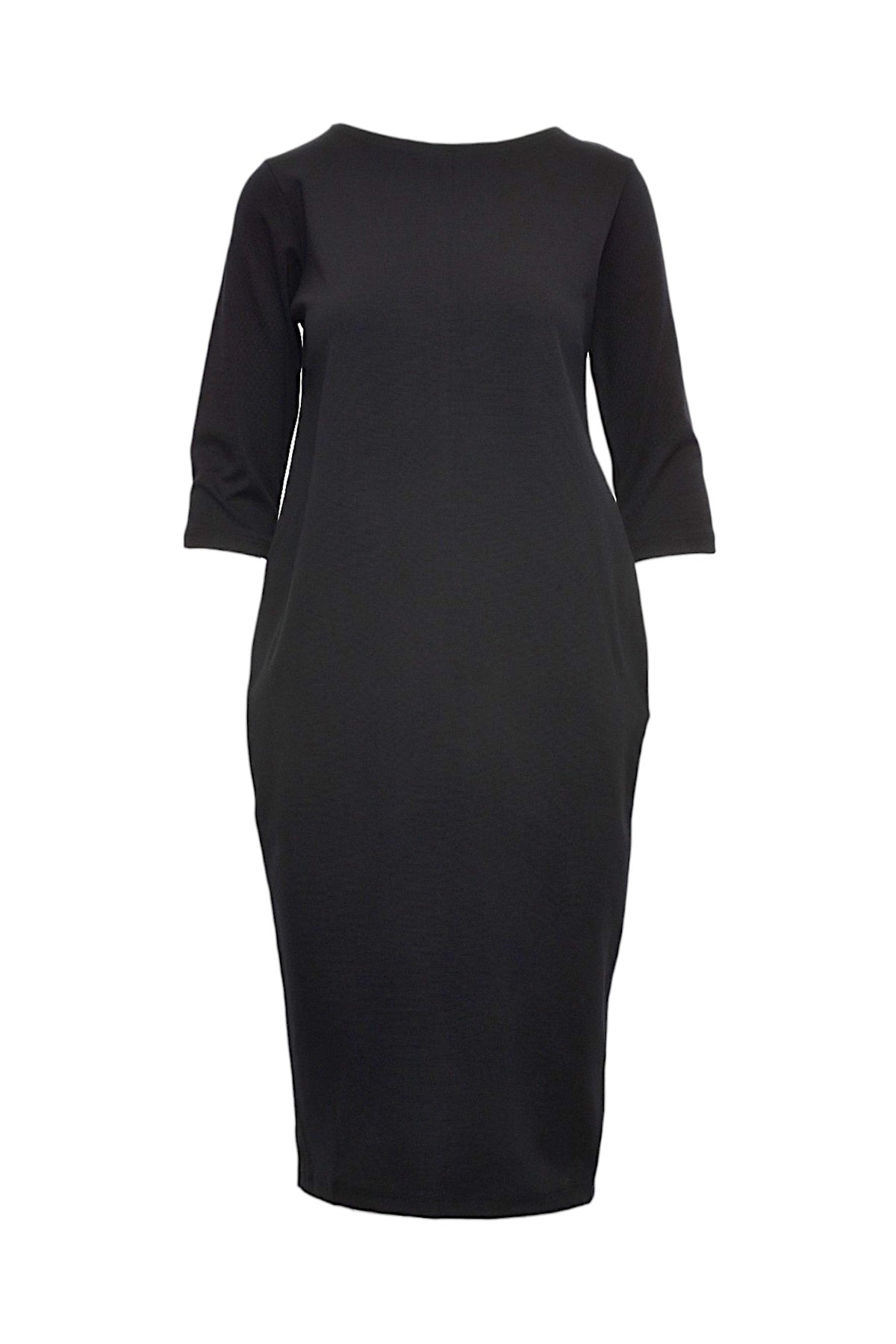  Rochie midi tip creion, neagră, cu buzunare laterale ascunse și mâneci trei sferturi.