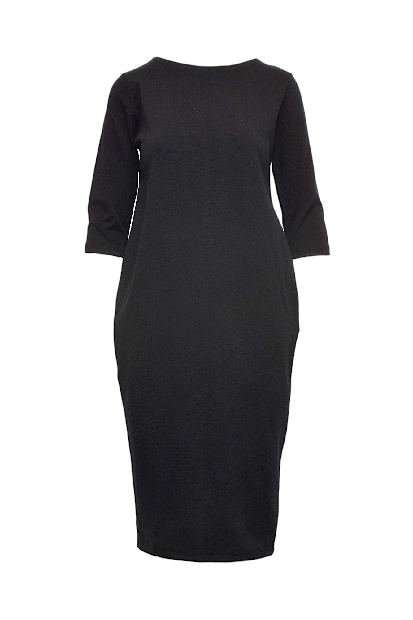  Rochie midi tip creion, neagră, cu buzunare laterale ascunse și mâneci trei sferturi.