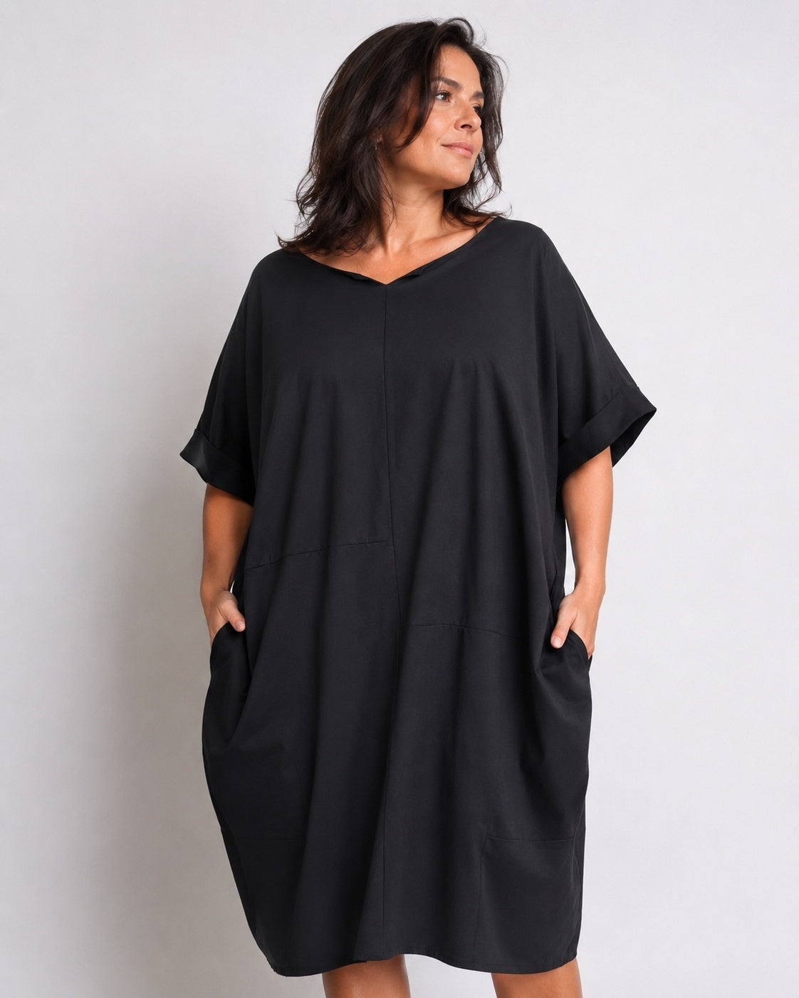 Rochie midi cu decolteu în V, negru, vedere din față