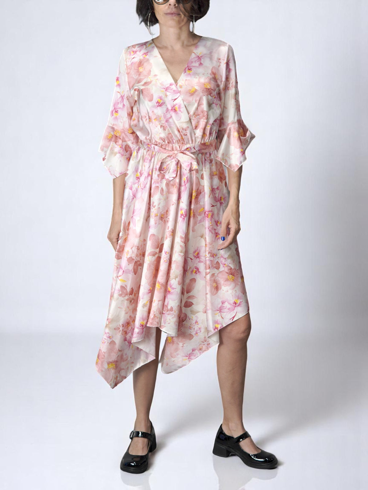 Rochie petrecută cu imprimeu floral roz pudrat, din material vaporos