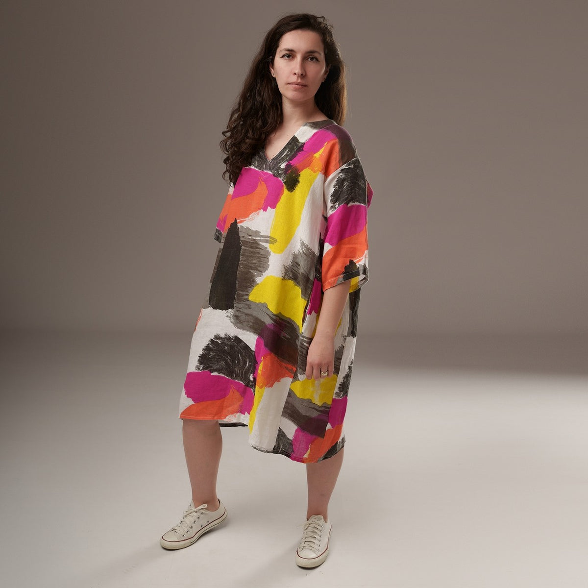 Rochie midi din in, cu imprimeu abstract colorat, vedere față