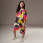 Rochie midi din in, cu imprimeu abstract colorat, vedere față