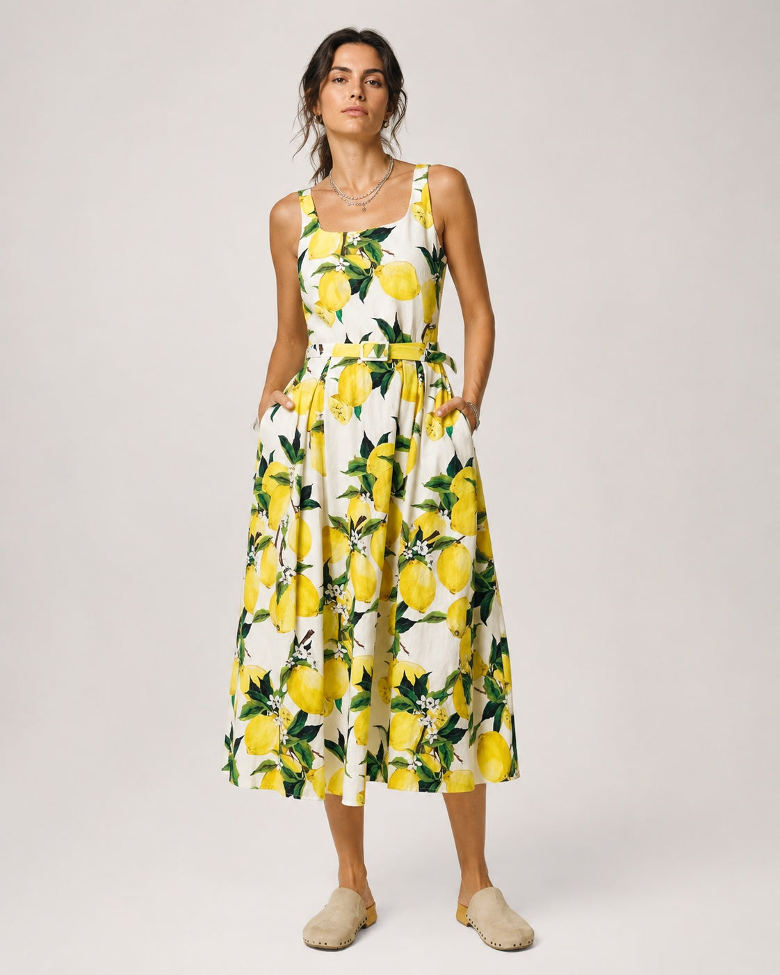 Rochie midi retro cu imprimeu lămâi, vedere din față
