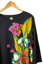 Prim-plan al mânecii unei rochii negre cu imprimeu floral viu colorat, detalii fine și design modern.