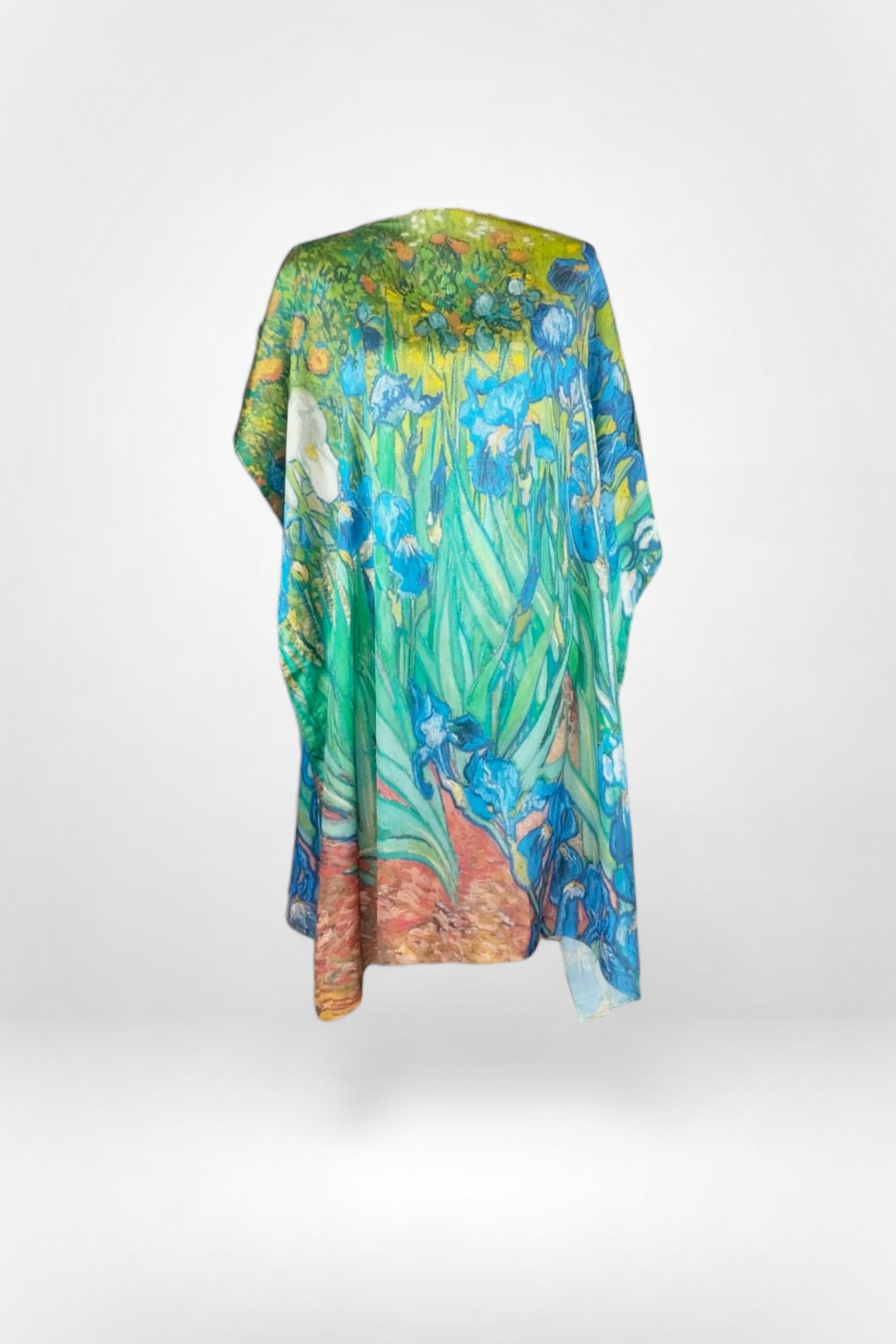 Rochie de plajă tip caftan cu imprimeu floral Van Gogh „Iriși”, vedere din spate