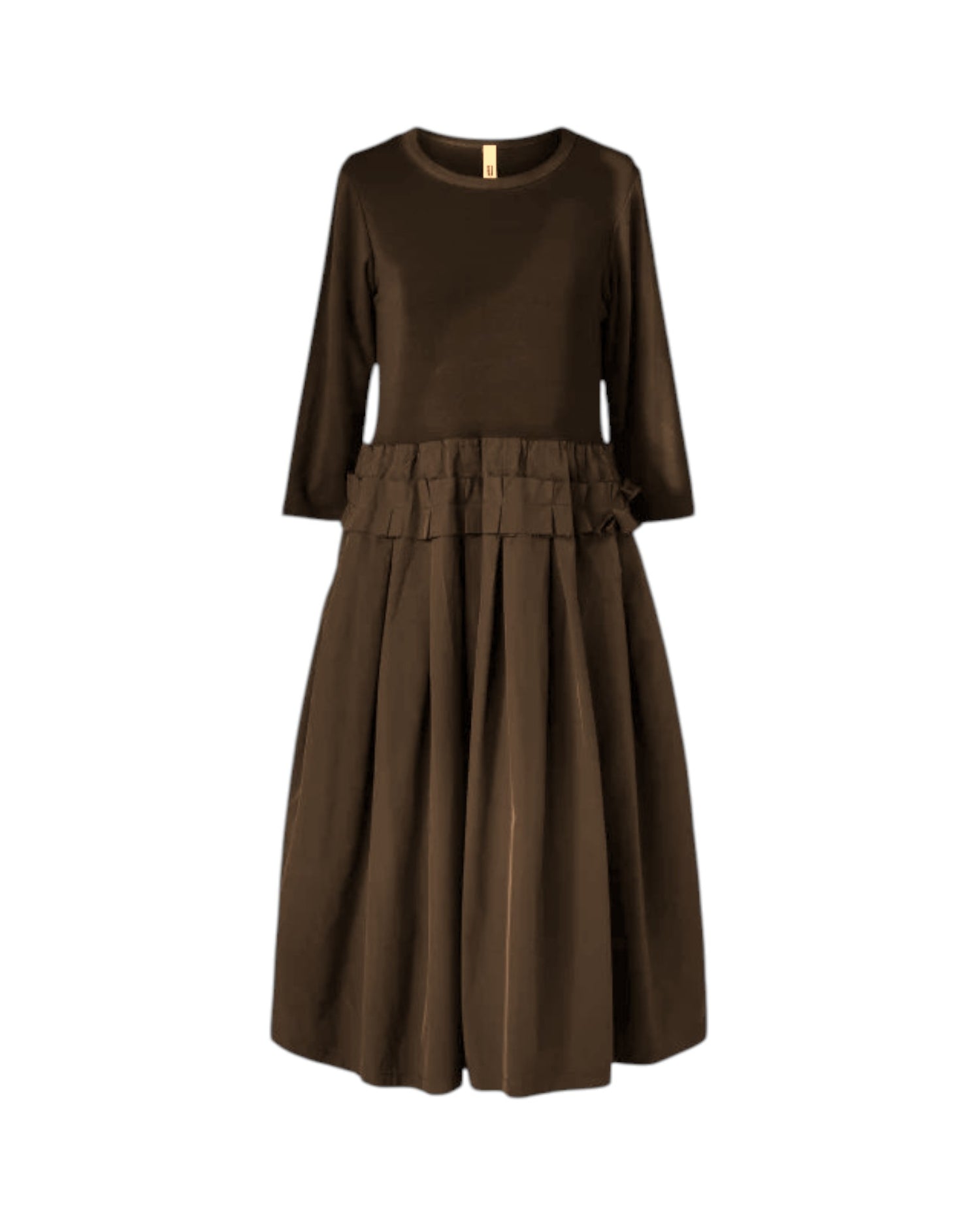 Rochie cu pliseuri la talie, mâneci 3/4 și decolteu rotund, brand Wendy Trendy
