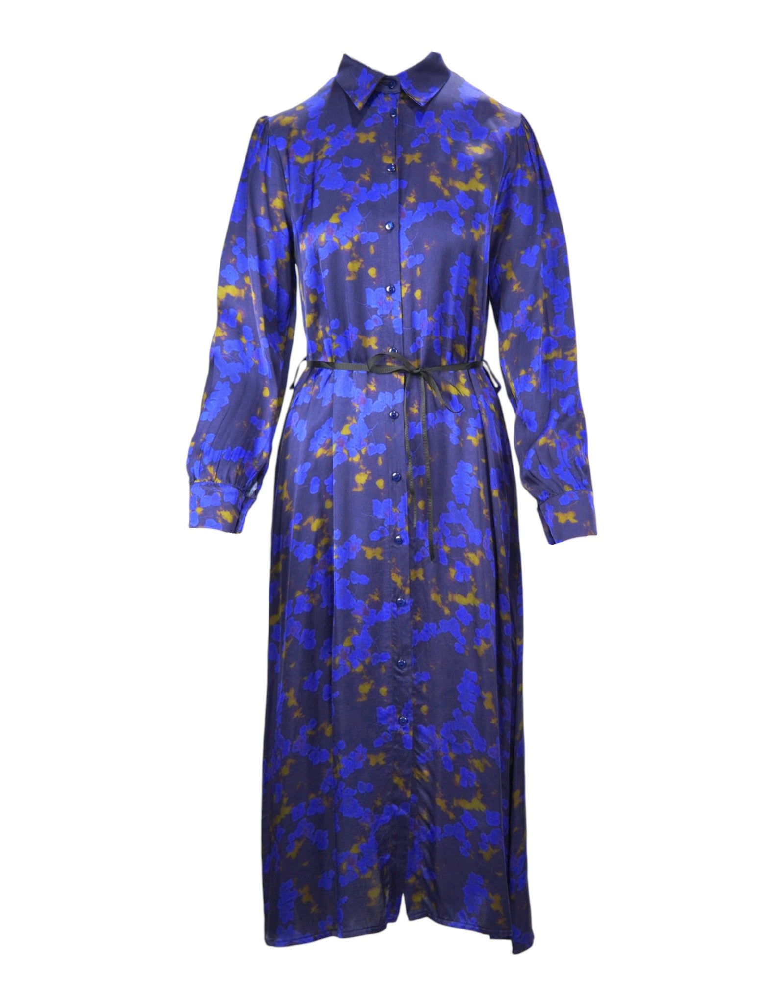  Rochie tip cămașă satinat albastră, cu imprimeu floral și cordon în talie, brand Cherry Blue