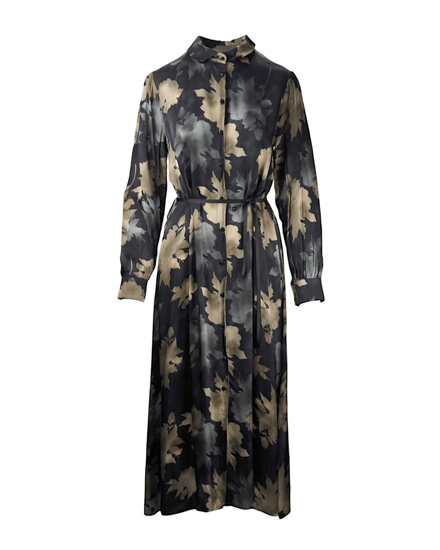Rochie din satin cu imprimeu floral în tonuri de negru și bej, design tip cămașă.