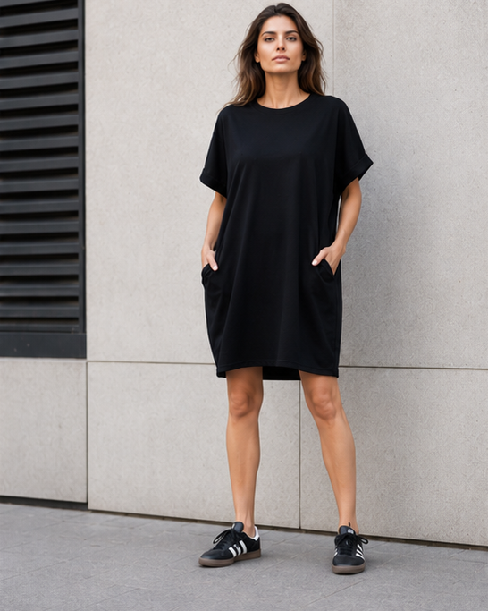 Rochie scurtă basic cu design minimalist, detaliu material — All Above Boutique.