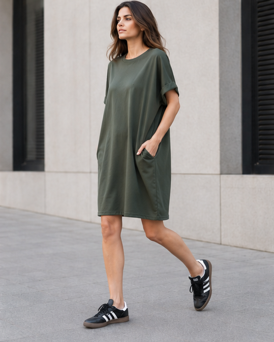 Rochie scurtă basic cu croială lejeră simplă și design minimalist, vedere frontală — All Above Boutique.