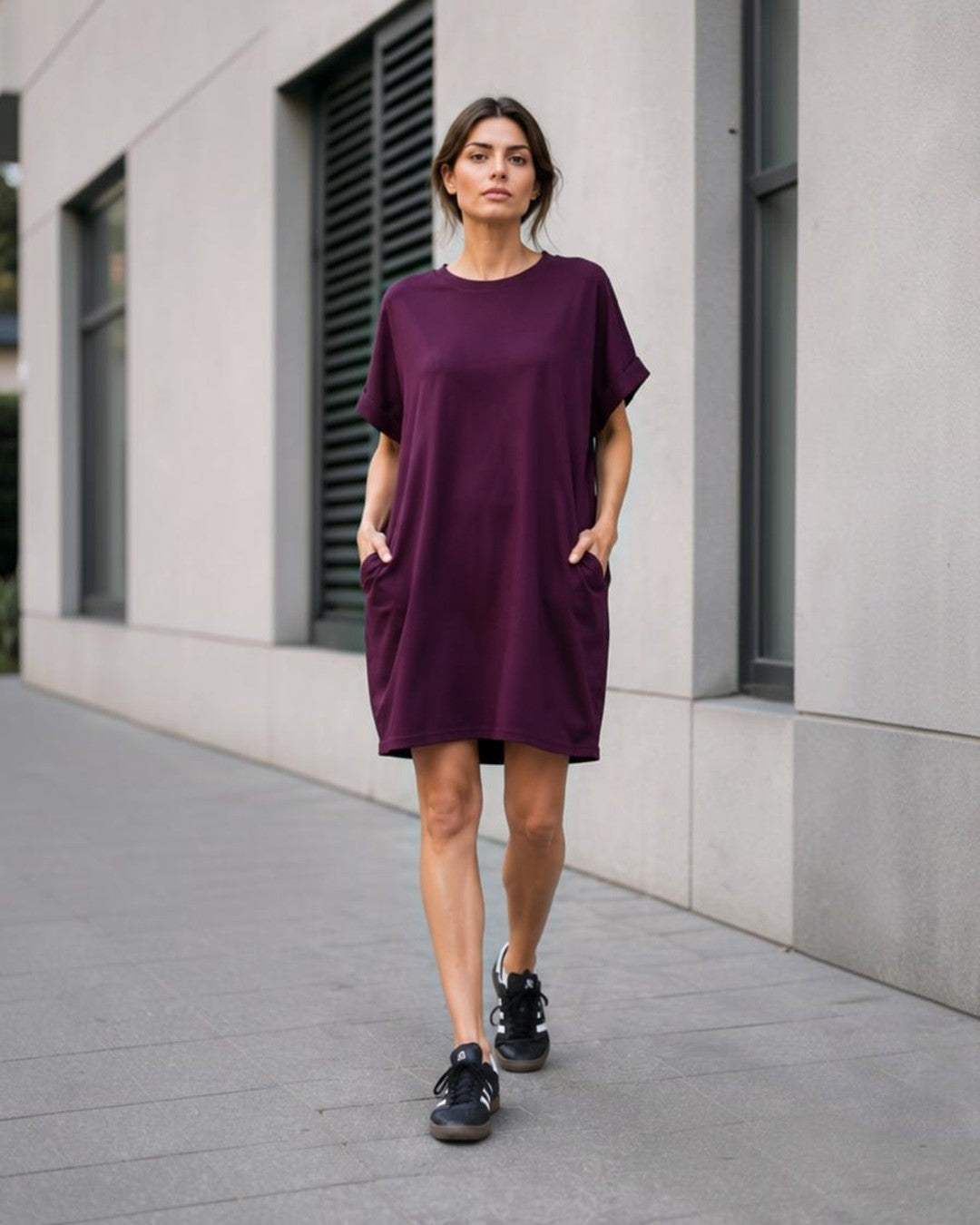 Rochie scurtă basic casual, cădere fluidă și linie curată — All Above Boutique.