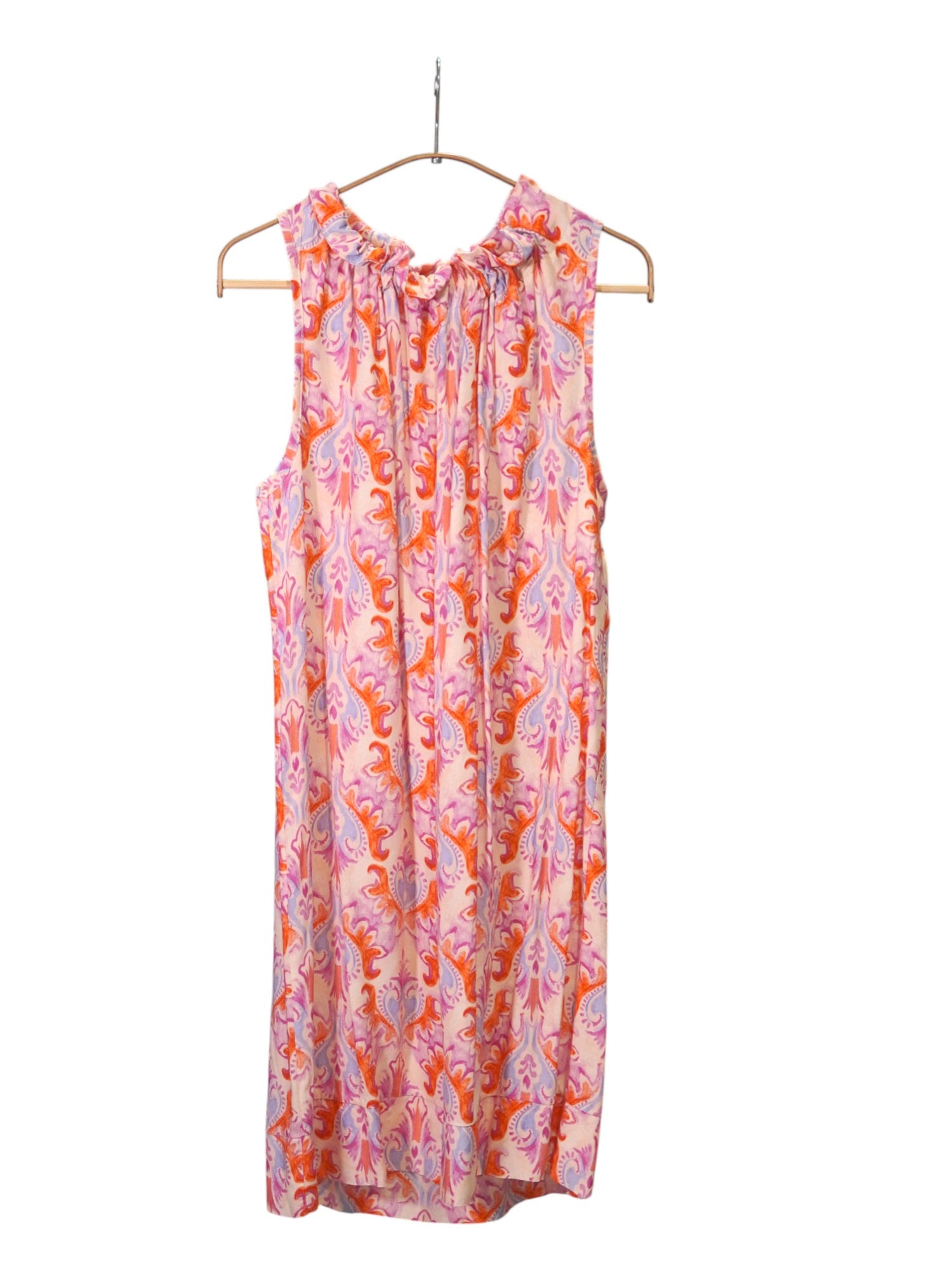 Rochie scurtă fără mâneci, cu imprimeu mov și oranj, croială lejeră și guler halter