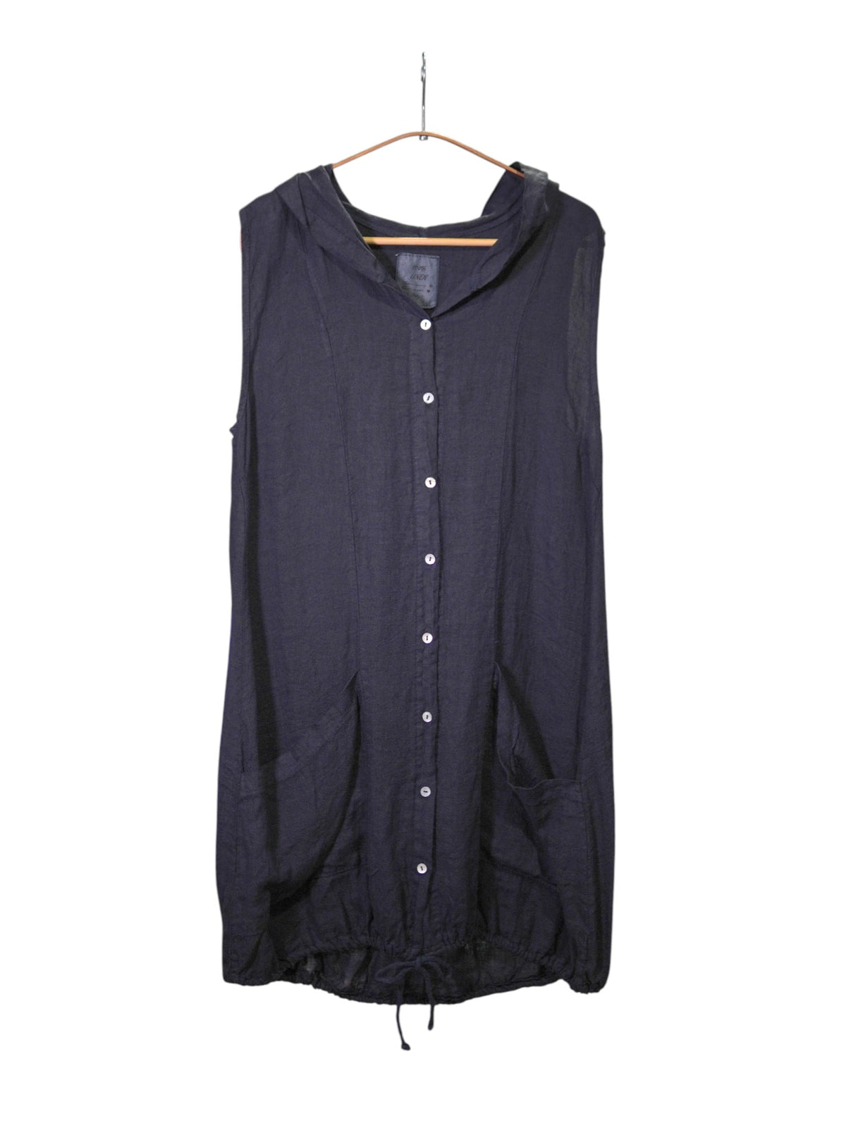 Rochie scurtă bleumarin fără mâneci din in, cu glugă și închidere cu nasturi