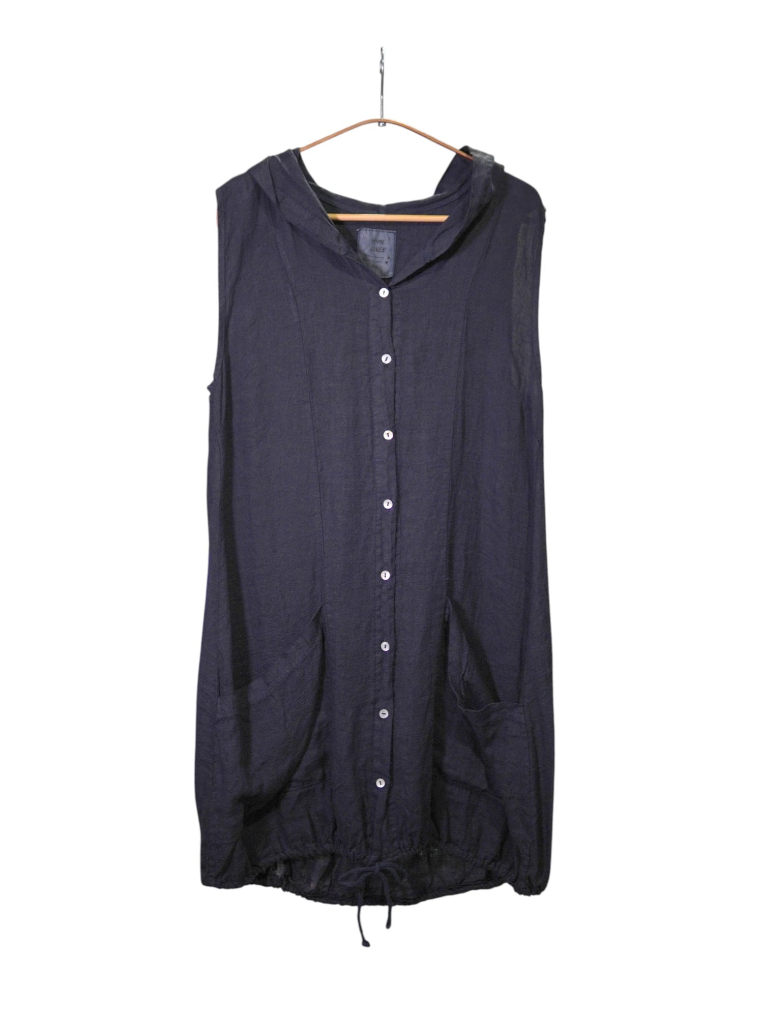 Rochie scurtă bleumarin fără mâneci din in, cu glugă și închidere cu nasturi