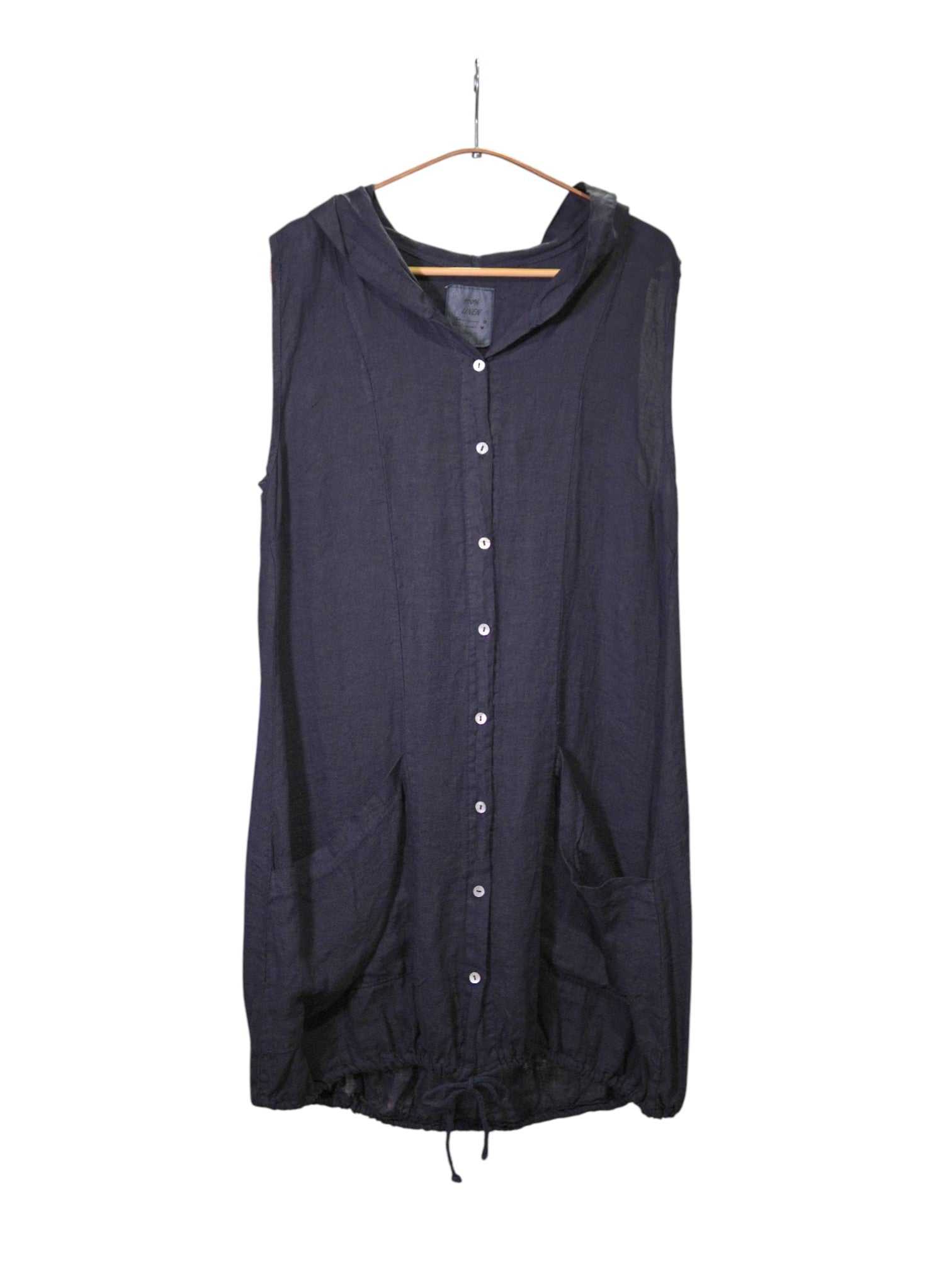 Rochie scurtă bleumarin fără mâneci din in, cu glugă și închidere cu nasturi