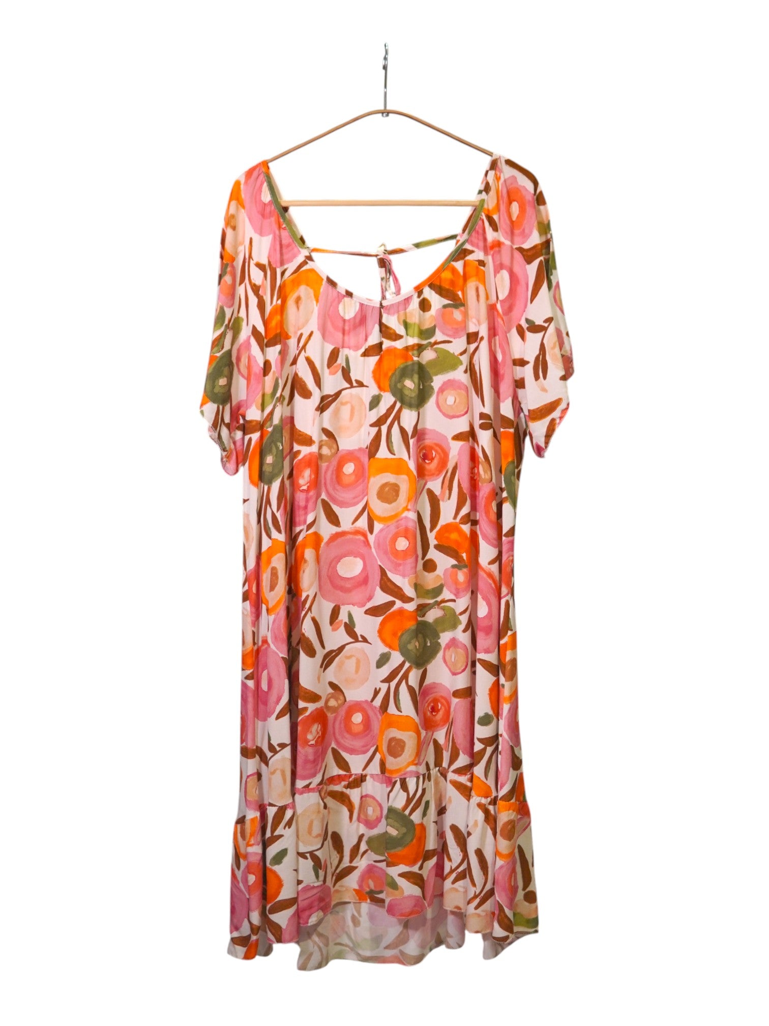 Rochie lejeră scurtă cu imprimeu floral în nuanțe de roz, crem și portocaliu