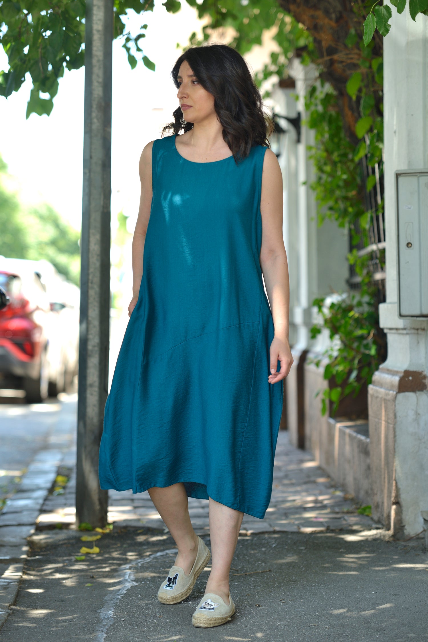 Rochie vaporoasă din viscoză, turcoaz intens, vedere frontală completă