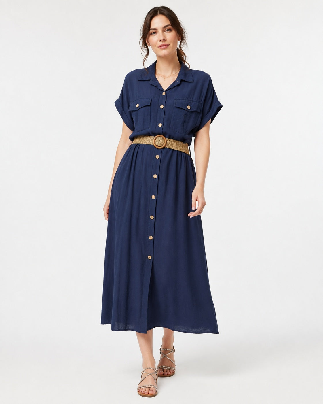 Rochie din viscoză cu rever și centură împletită, nuanța bleumarin, vedere din față