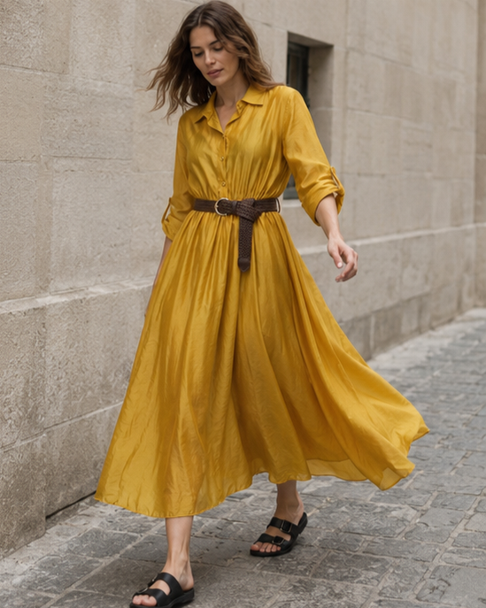 Rochie cămașă galben muștar din tencel satinat cu centură în talie, vedere frontală. All Above Boutique.