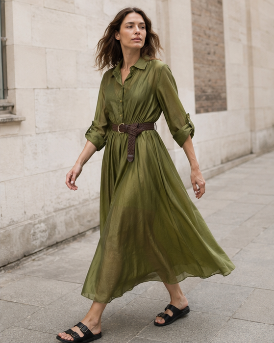 Rochie cămașă verde din tencel satinat cu centură în talie, vedere frontală. All Above Boutique.
