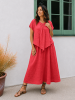 Rochie midi din in roșie, cu efect două piese, croială lejeră și talie marcată — All Above Boutique.